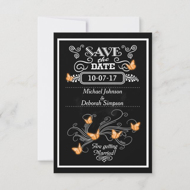 Save The Date Cards Chalkboard Orange Butterflies (Front)