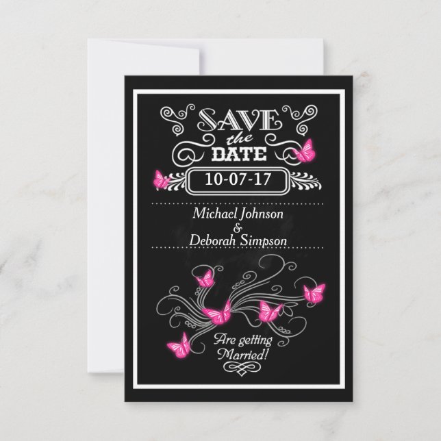Save The Date Cards Chalkboard Pink Butterflies (Front)