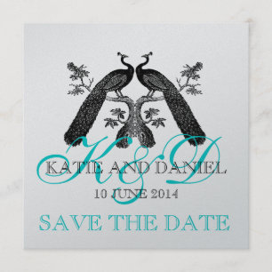Save the Date Cards Peacocks Monogram SIlver