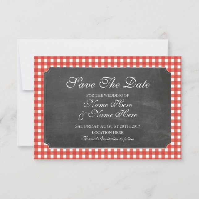 Save The Date Chalk Red Check Rustic Wedding Card (Front)