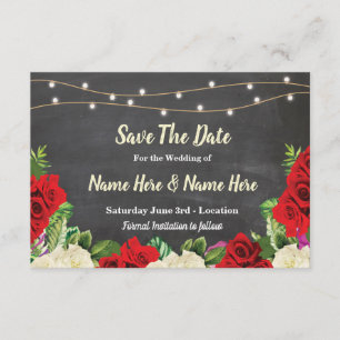 Save The Date Chalk Rustic Red Roses Lights Invite
