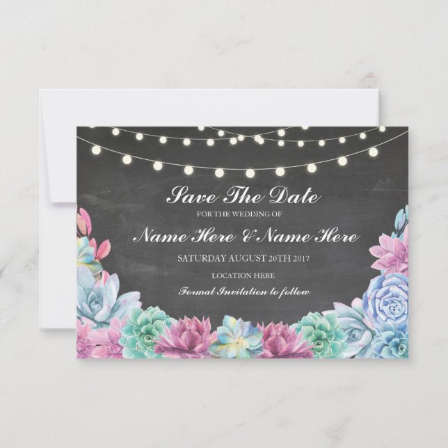 Save The Date Chalk Rustic Succulents Lights Card (Front)