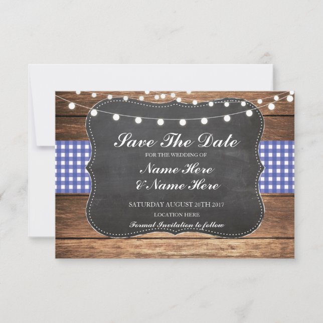 Save The Date Chalk Wood Rustic Blue Check Card (Front)