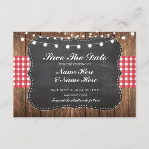 Save The Date Chalk Wood Rustic Red Check Card