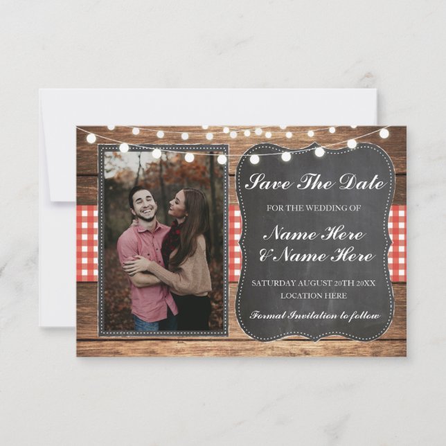 Save The Date Chalk Wood Rustic Red Check Photo (Front)