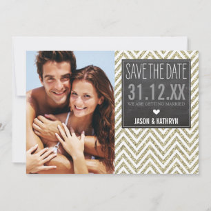 SAVE THE DATE chalkboard chevron glitter old gold