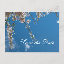 Save the date, cherry blossom branches in blue sky