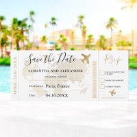 Save the date chic gold world map boarding pass