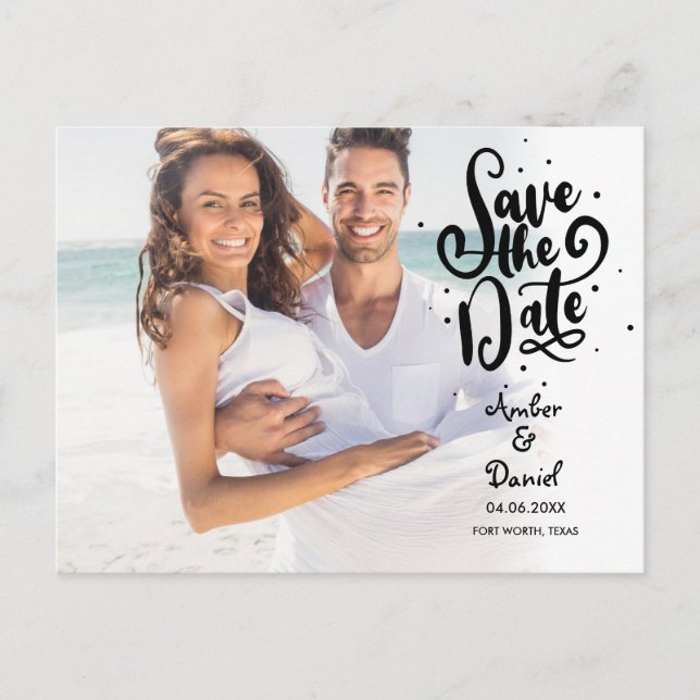 Save the Date Chic Script Spots Photo Announcement Postcard (Front)