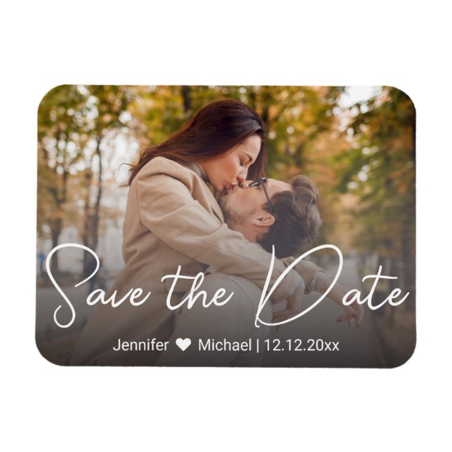 save the date chic white handwriting couple photo magnet (Horizontal)