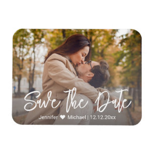 save the date chic white handwriting couple photo magnet