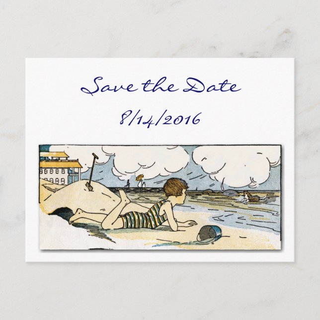 Save the Date Child Vintage Beach Art Postcard (Front)