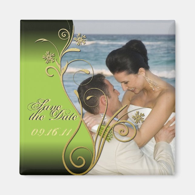 Save the Date Classy Green & Gold Floral Magnet (Front)