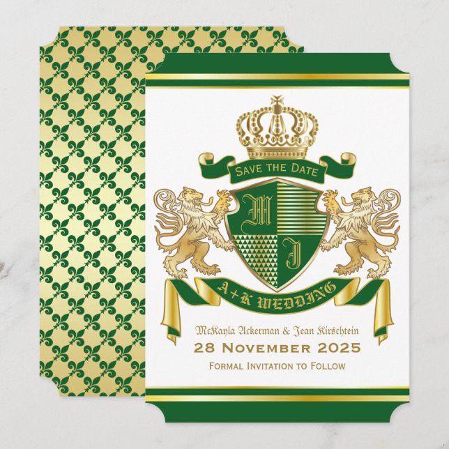 Save the Date Coat of Arms Green Gold Lion Emblem Invitation (Front/Back)