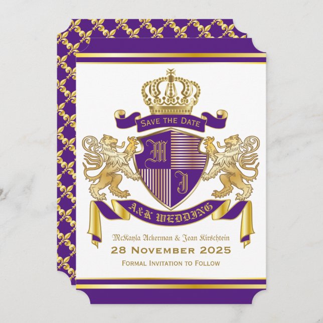 Save the Date Coat of Arms Purple Gold Lion Emblem Invitation (Front/Back)