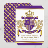 Save the Date Coat of Arms Purple Gold Lion Emblem