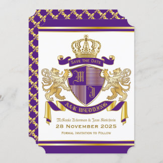 Save the Date Coat of Arms Purple Gold Lion Emblem Invitation