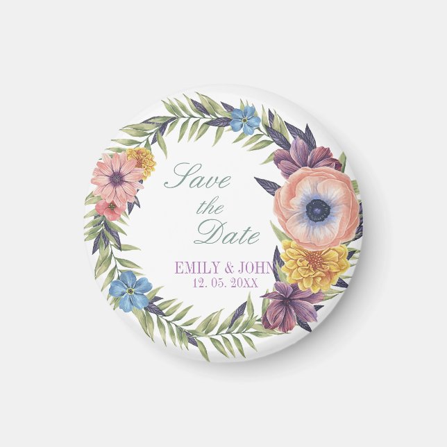 Save The Date- Colourful Floral Wreath Magnet (Front)