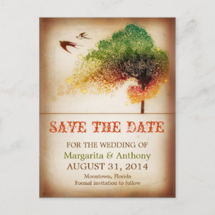 save the date colourful love tree vintage postcard