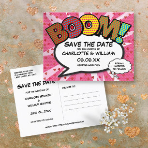 Save the Date Comic Book BOOM Modern Pink Fun Announcement Postcard