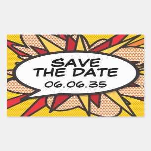 SAVE THE DATE Comic Book Pop Art Speech Bubble Rectangular Sticker