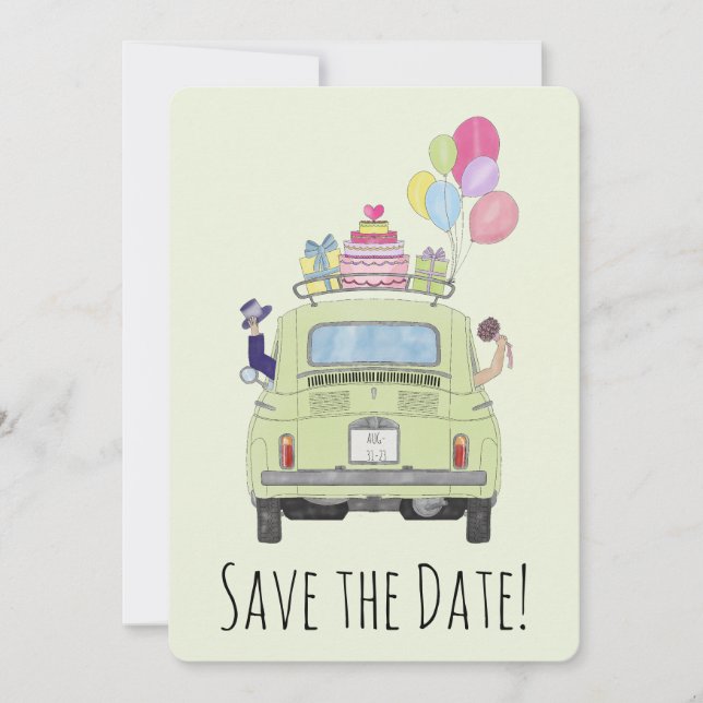 Save the Date Couple in Fiat 500.  Invitation (Front)