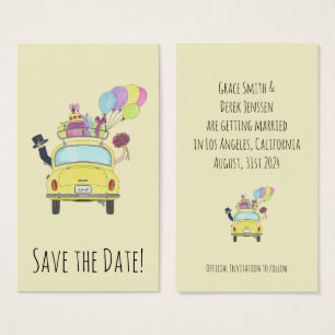 Save the Date Couple in Retro Car