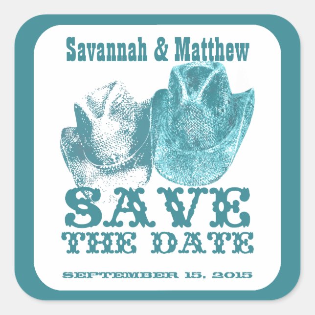 Save the Date Cowboy CowGirl Hats Wedding Sticker (Front)