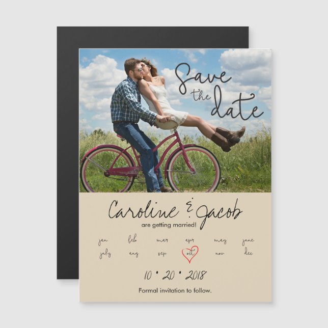Save the Date, Custom Photo, Modern Script, Heart Magnetic Invitation (Front/Back)