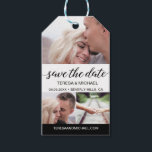 Save the Date Custom Photos Wedding Announcement Gift Tags<br><div class="desc">Customise with your own photos on this "Save the Date" tags. Announce your engagement, personalise the text with your upcoming wedding details. Personalise this wedding engagement tag cards with three photos from your engagement photoshoot, your names, location and wedding date. A black bar at the bottom also has a field...</div>