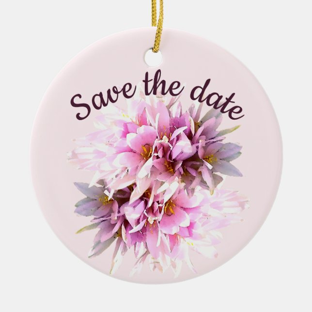 Save the date custom pink flowers ceramic tree decoration (Front)