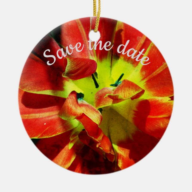 Save the date custom red flower blossom ceramic tree decoration (Front)