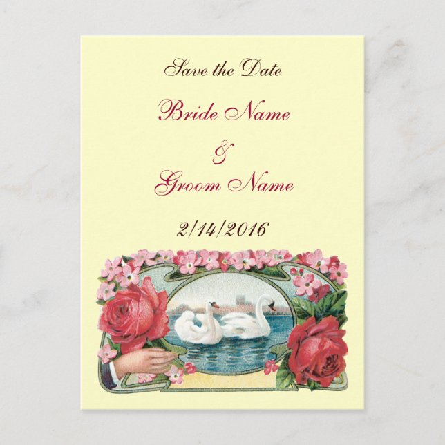 Save the Date Custom Roses and Swans Postcard (Front)