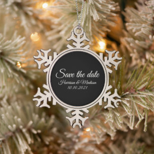 Save the Date custom script Wedding Announcement Snowflake Pewter Christmas Ornament