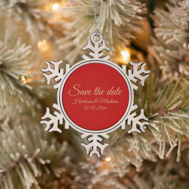 Save the Date custom script Wedding Announcement Snowflake Pewter Christmas Ornament (Tree)