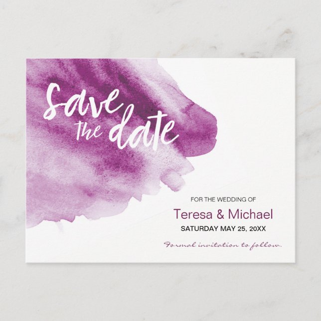 Save the date, Custom Watercolor, Plum Purple Announcement Postcard (Front)