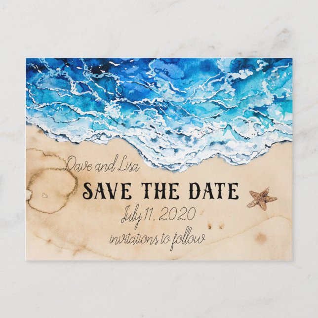 Save the Date customisable beach postcard (Front)