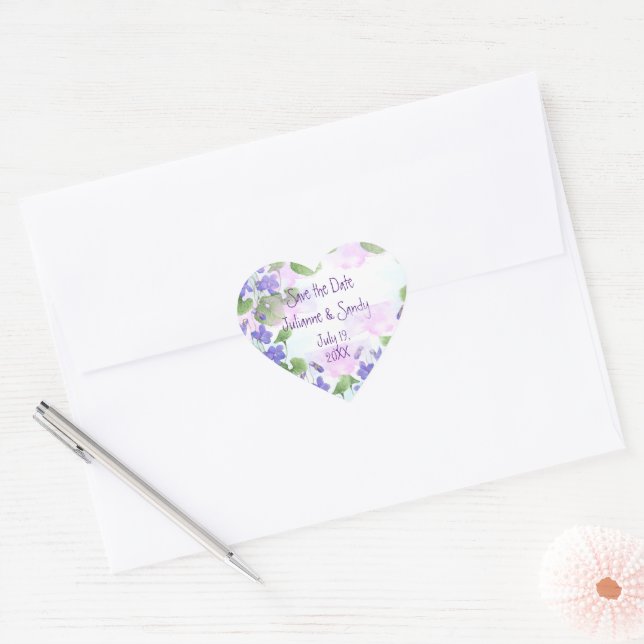 Save the Date Customise Violet Flower  Heart Sticker (Envelope)