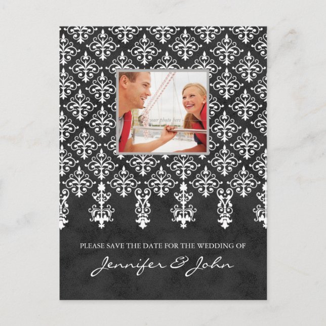 Save the Date Damask Postcard Grey White (Front)
