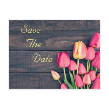 Save the Date--Dark Pink Tulips & Wood