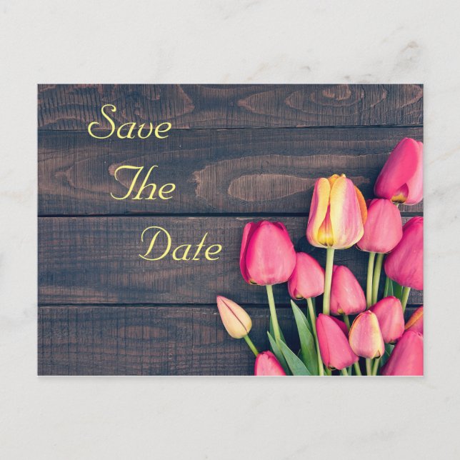 Save the Date--Dark Pink Tulips & Wood Announcement Postcard (Front)