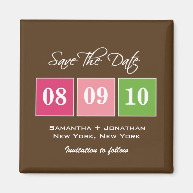 Save The Date: Date Blocks - Fuchsia Green Magnet (Front)