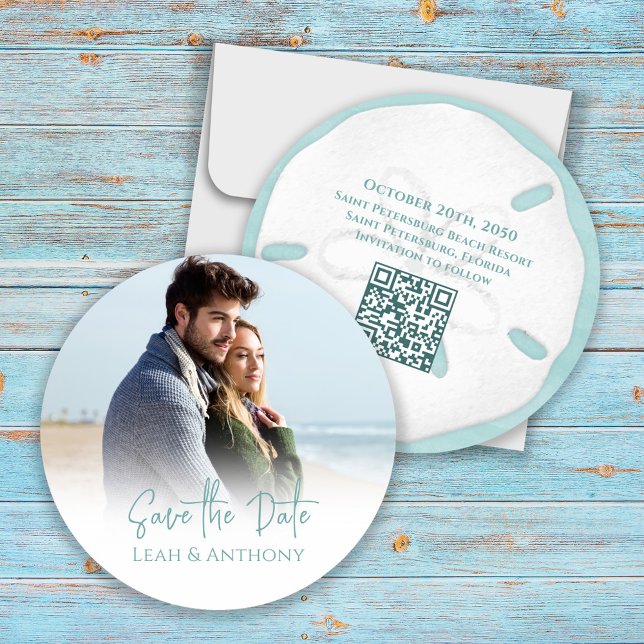 Save the Date Destination Beach Wedding (Wedding destination Save the Date photo circle beach template. With Scannable QR Code. )