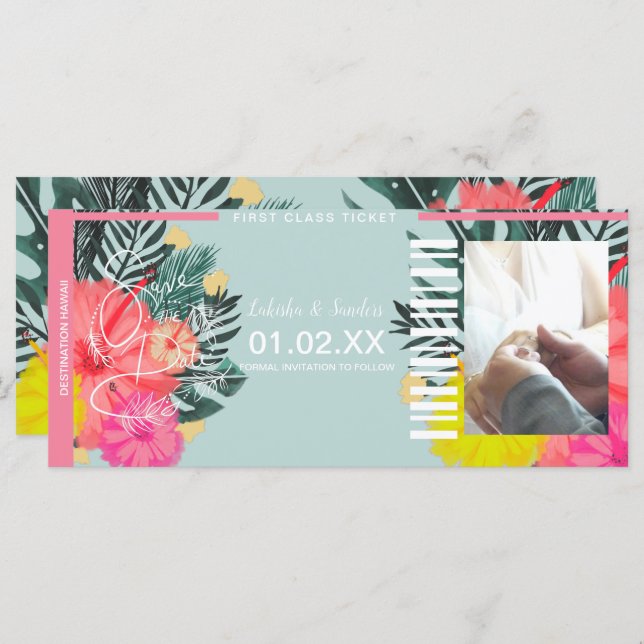 Save the Date Destination Ticket Hibiscus Floral (Front/Back)