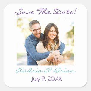 Save The Date, DIY Photo & Names Teal White Purple Square Sticker