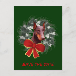 Save The Date Doberman Wreath Holiday Announcement Postcard