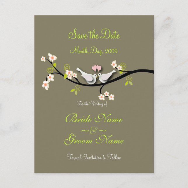 Save the Date doves+pink blossoms/diy colour Announcement Postcard (Front)
