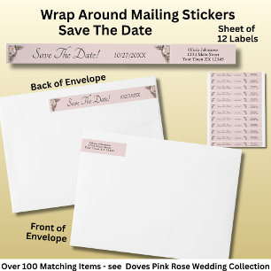 Save The Date, Doves & Pink Roses Wrap Around Label