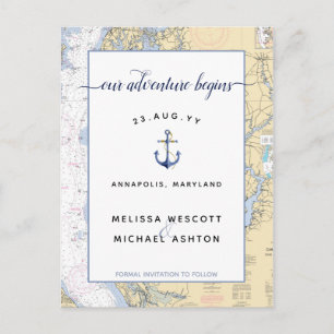 Save The Date Dusty Blue Authentic Nautical Chart Announcement Postcard