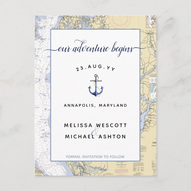 Save The Date Dusty Blue Authentic Nautical Chart Announcement Postcard (Front)